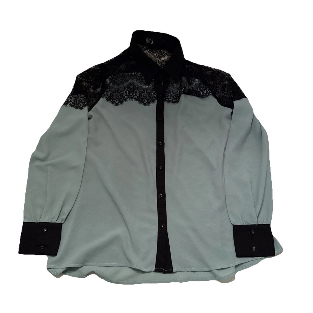 Women's Blouse Sage Satin & Black Lace Very j top long sleeve Size medium
